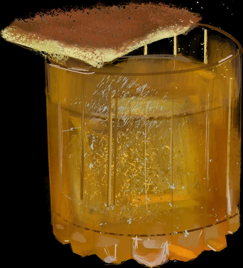 Love T.K.O.: vaso bajo ámbar con una lasca de coco tostado